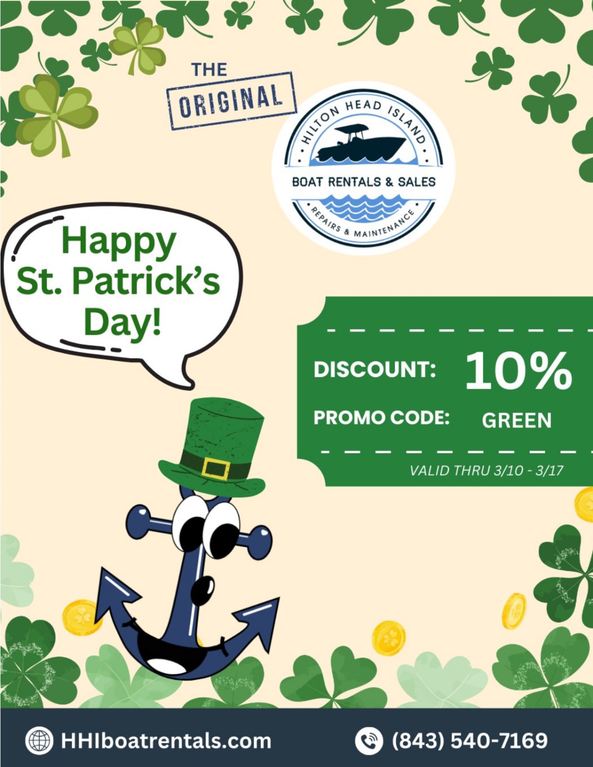 St. Patrick's Day promo: 10% off with code GREEN at Hilton Head Island Boat Rentals. Ends 3/17.