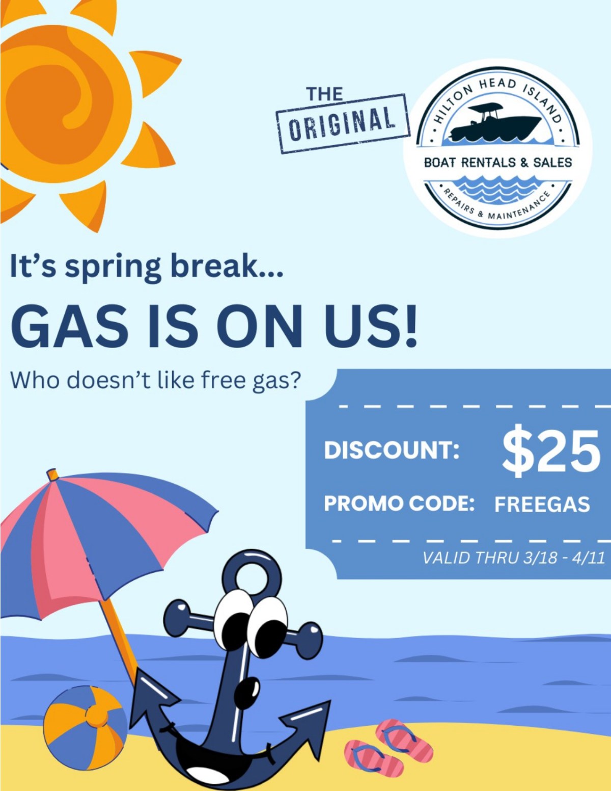 Hilton Head Island boat rental ad with $25 gas promo, beach theme, and cartoon anchor.