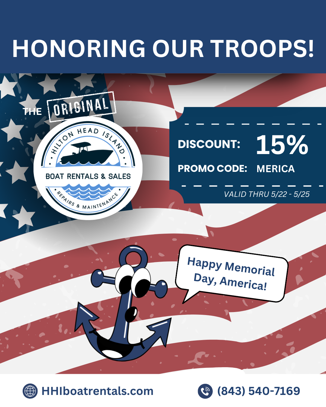 Memorial Day boat rental sale ad with 15% discount and patriotic theme.