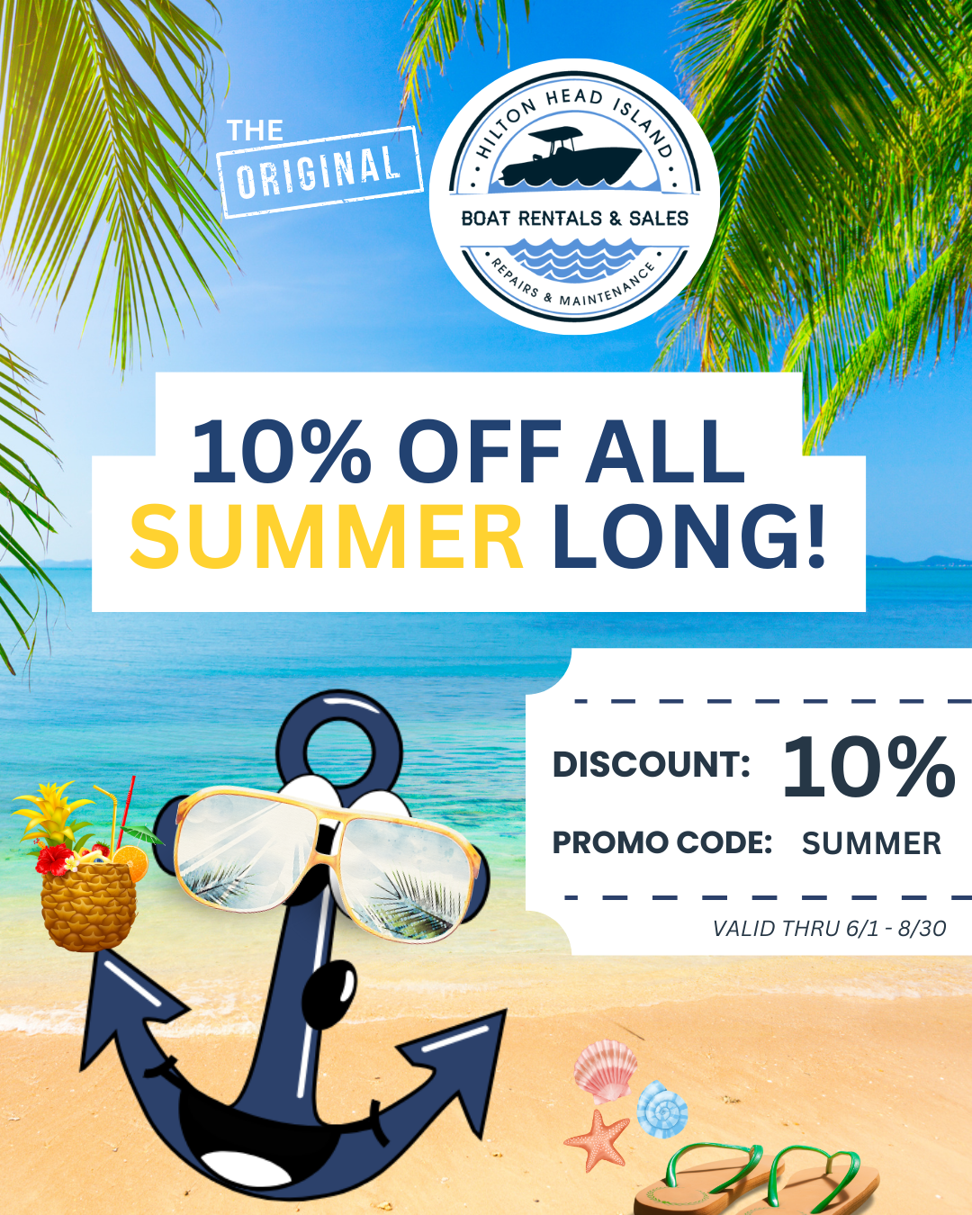 Beach scene with 10% off summer promo, anchor, sunglasses, and tropical elements.