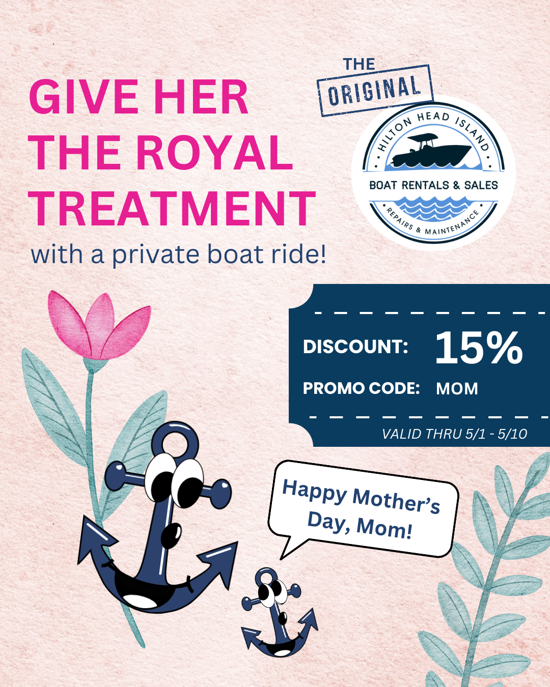 Mother’s Day boat ride promo with discount and floral design.