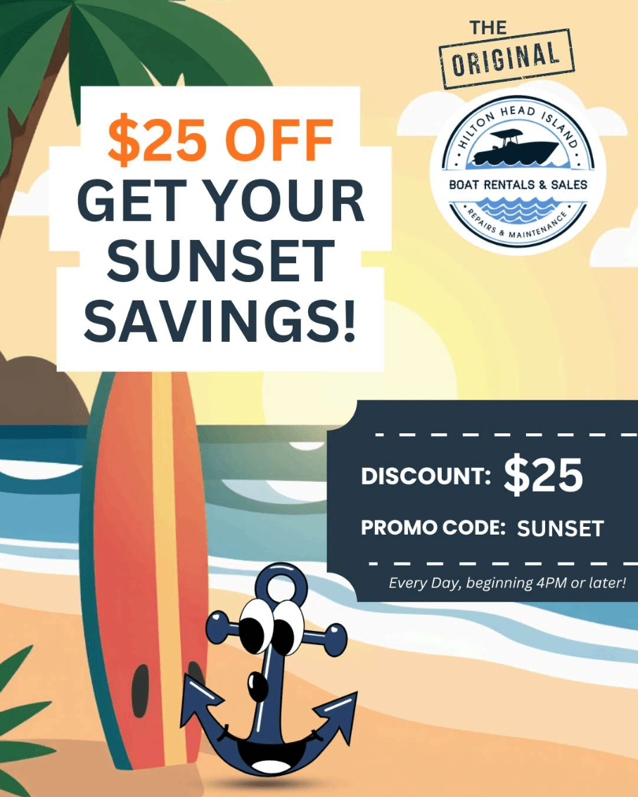 Beach scene with $25 off promo, surfboard, anchor, palm tree, and sunset background.