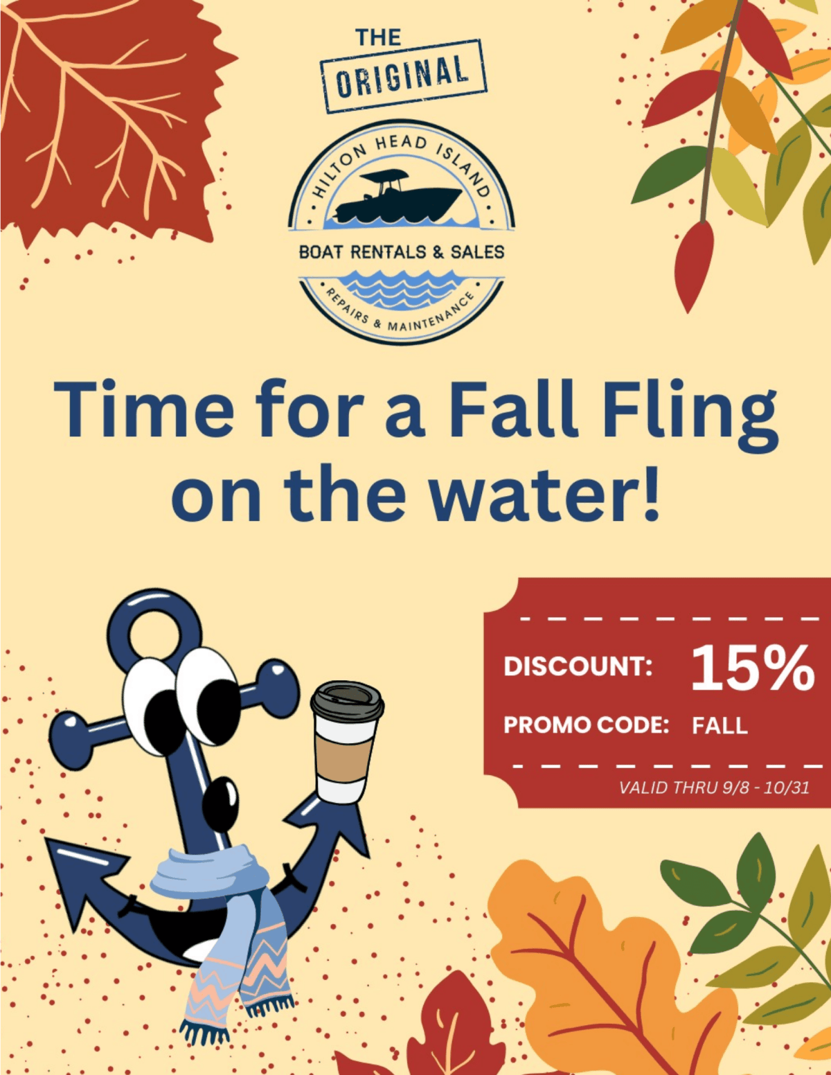 Fall boat rental ad with cartoon anchor, leaves, and 15% discount code: FALL.